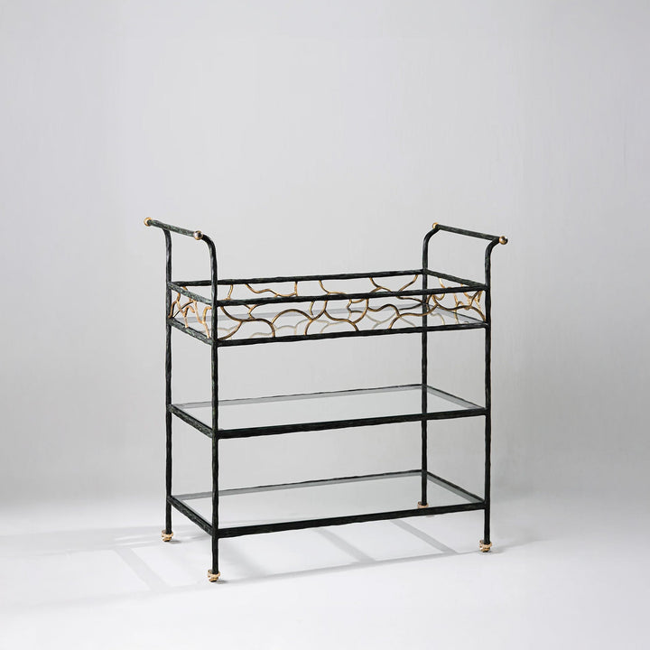 Alfred Bar Cart - Verdigris and Gold with Clear Glass Tops