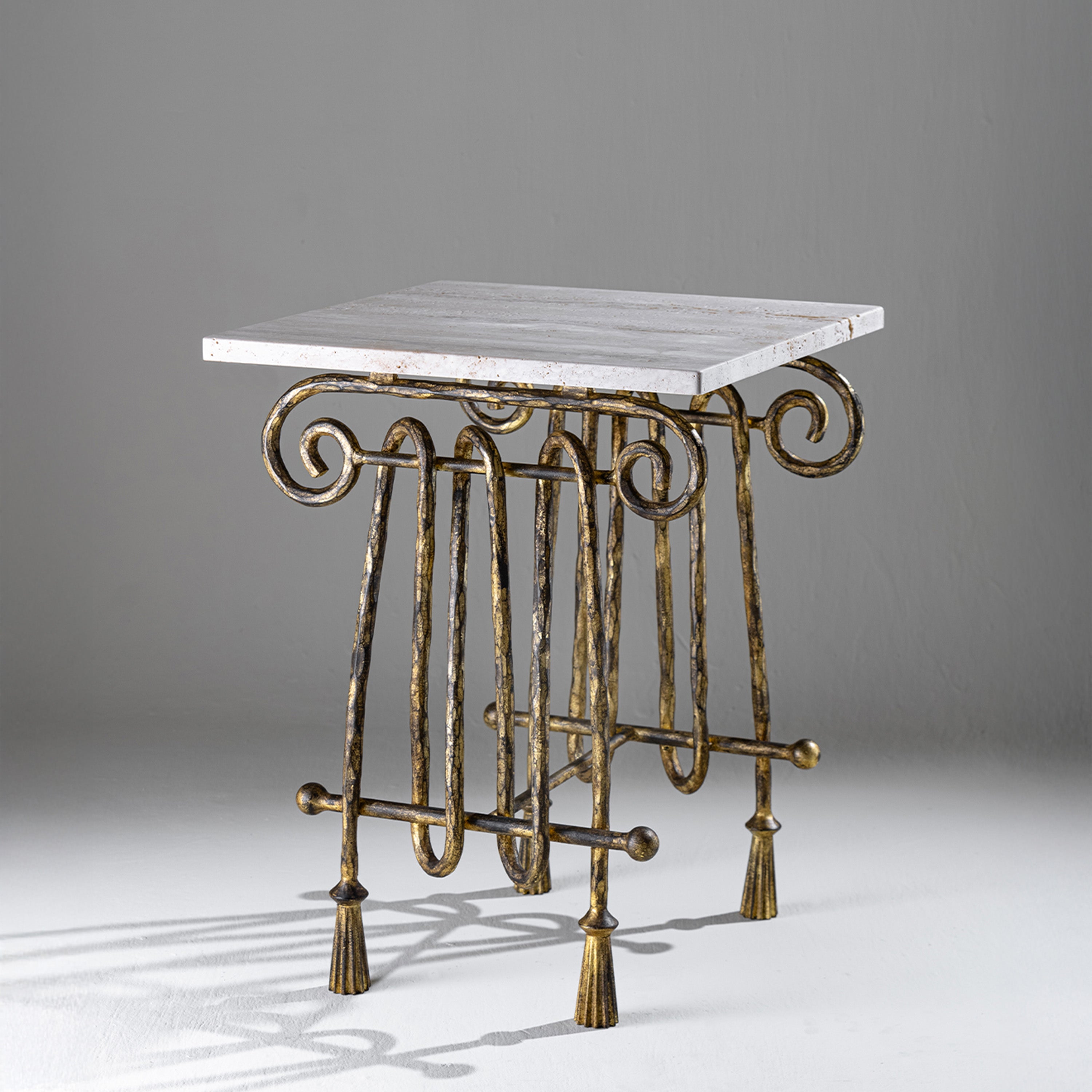 Pilaro Side Table - Distressed Gold with Romano Travertine unfilled & honed