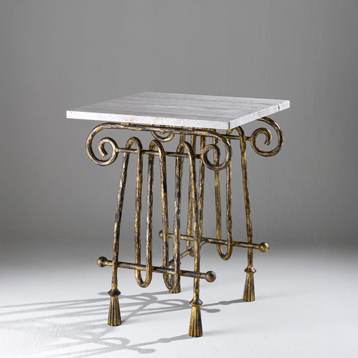 Pilaro Side Table - Distressed Gold with Romano Travertine unfilled & honed