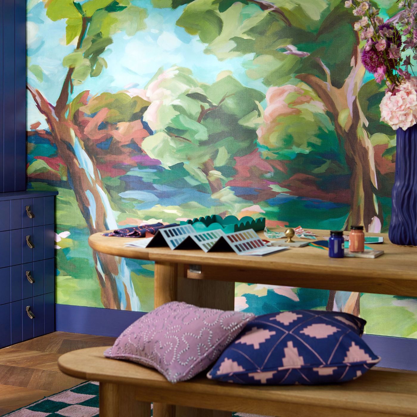In the Woods Wallcovering - Sky / Emerald / Carnelian