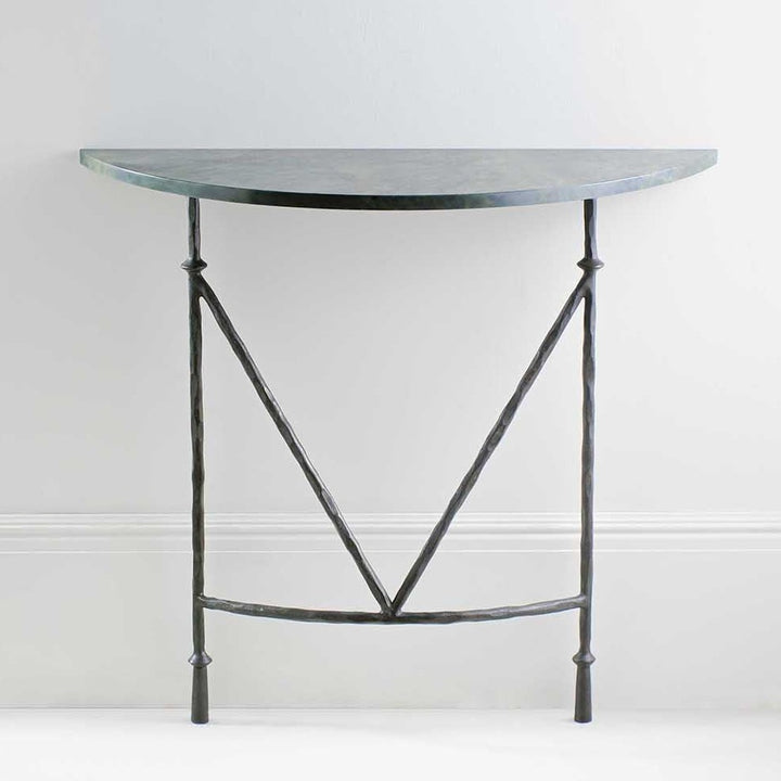 Stanley Demi Lune Console - Bronzed shown with Verdi Fantastico marble top